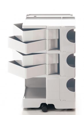 Weißer Boby Rollcontainer mit Schubladen und Fächern, ideal für Büro und Arbeitszimmer.